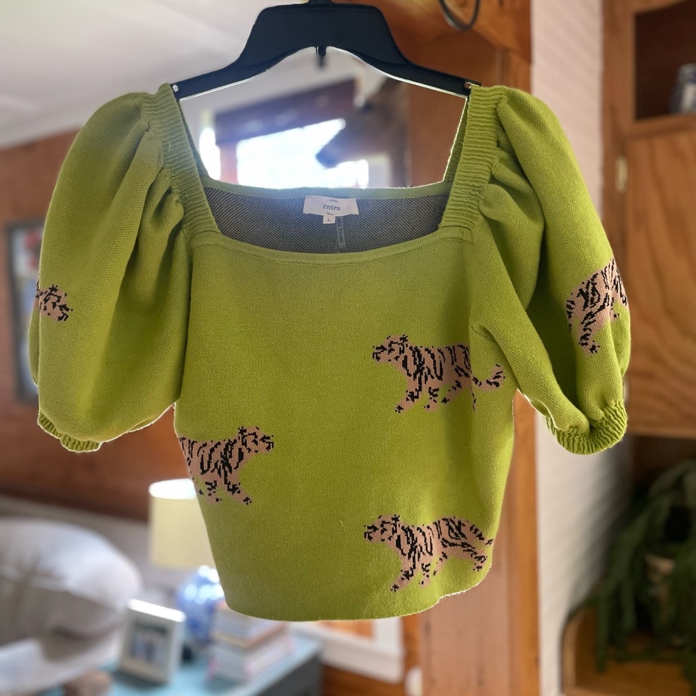 Entro Green Puff Sleeve Blouse with Tiger Print
